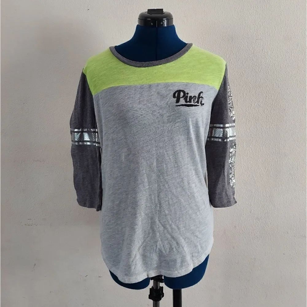 PINK Victoria's Secret Gray Neon Yellow Sequin 3/4 Sleeve Shirt Size Small